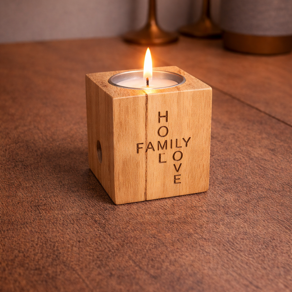 Teelichthalter Holzwürfel – FAMILY HOME LOVE, Blockschrift-Gravur
