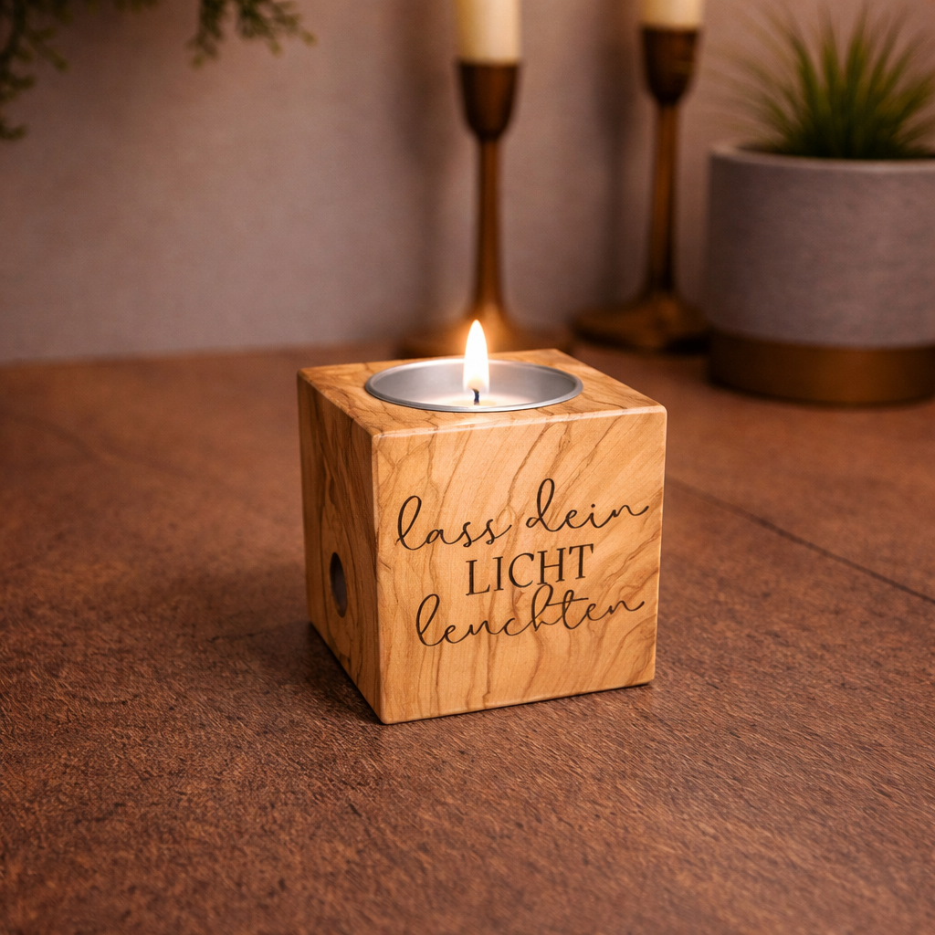 Teelichthalter Holzwürfel – lass dein Licht leuchten, Kursivschrift, Olivenholz