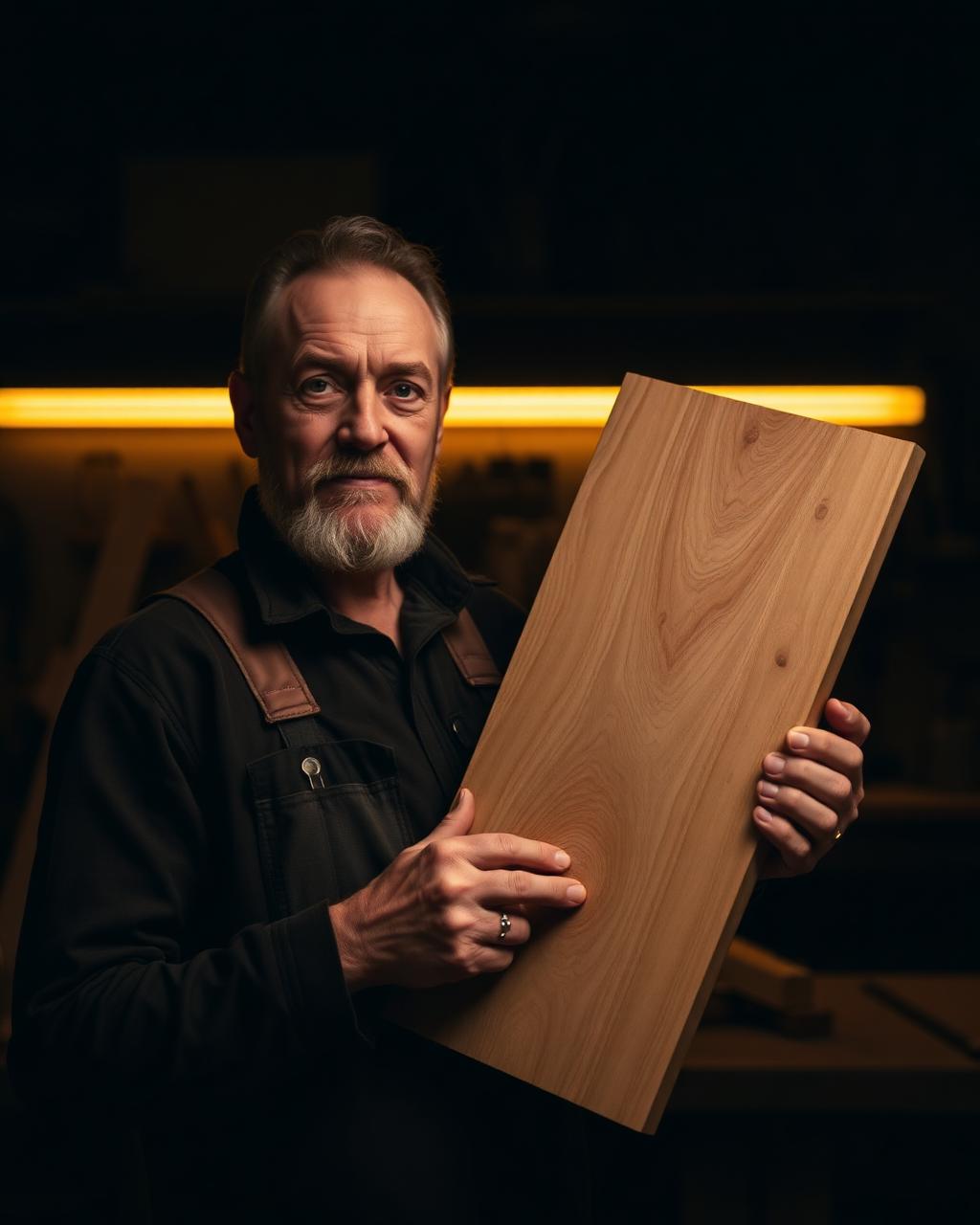 Gründer von Jungo Design mit graviertem Holzbrett in der Werkstatt