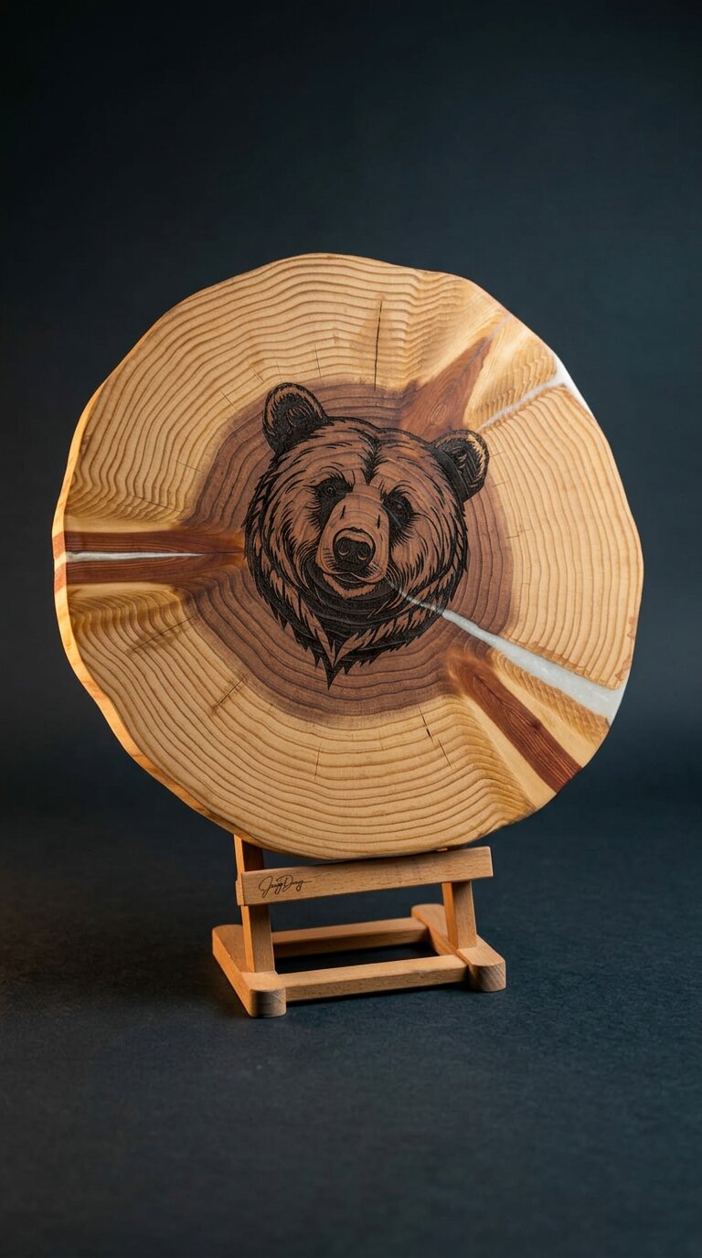 Baumscheibe mit gravierten Bärenmotiv auf Holzständer