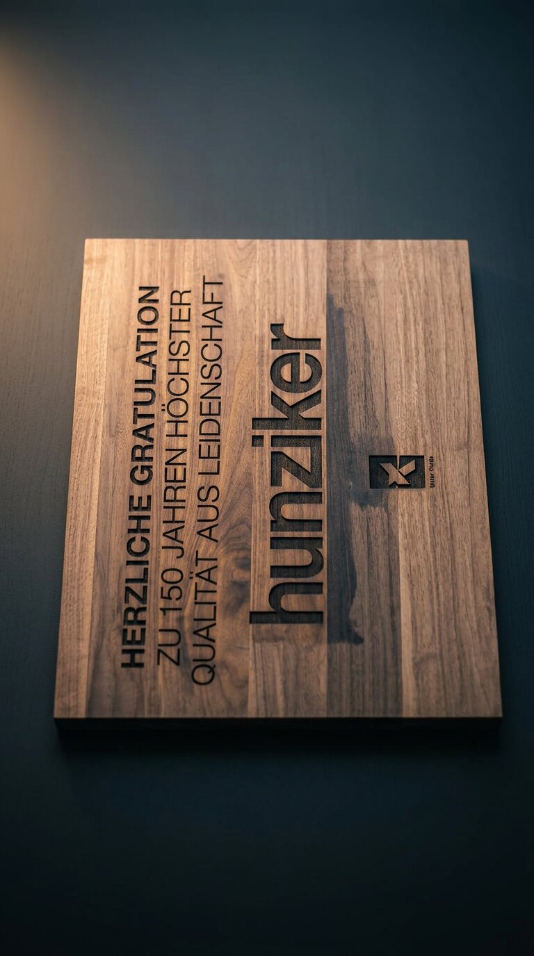Grosse Nussbaumtafel mit Firmengravur „Herzliche Gratulation zu 150 Jahren“