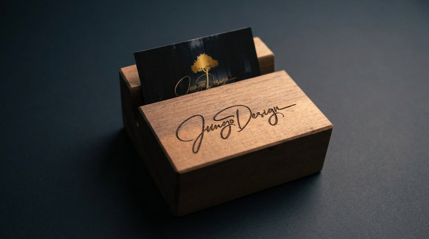 Visitenkartenhalter aus Holz mit gravierter Jungo Design Signatur